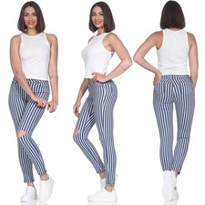 Damen Röhren Jeans Skinny Hüfthose Stretch Hose gestreift mit Rissen zerrissen