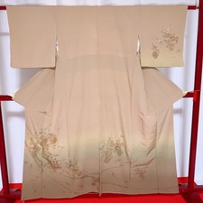 Japanischer Kimono 'HOUMONGI' Seide/Beige/Bambus/Blume/Traditionell/N051