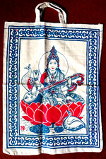 Indische Tragetasche 2-seitig bedruckt Lakshmi Hindu Glücksgöttin starkes Leinen