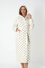 Bademantel Damen Kuschelig Fleece Lang Weiß Grauen Punkten Weich & Warm M-2XL