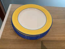 6 Teller weiß mit gelb/blauem Rand Petra Ceramics Neuseeland 27 cm Durchmesser