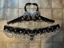 Profi Bauchtanz Set BH und Gürtel  Schwarz Perlen Handarbeit S B-Cup
