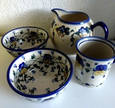 ♔Original Bunzlauer Keramik♔ floral/Blumen ♔ Set: Krug, 2 Müslischalen & Becher♔