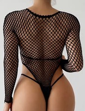 Body Reizwäsche Netz Unterwäsche Top Langarm String Dessous Catsuit Schwarz XS-M