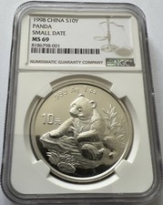 1998 China 10 Yuan Panda 1 OZ  999 Silber Small Date NGC  MS69