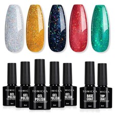 UV Nagellack-Set, 5 Farben Gel Nagellack mit Base & No Wipe Top Coat, Glitzer...