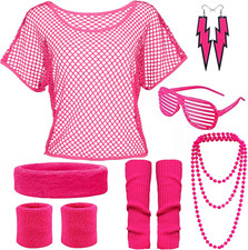 80er Jahre Damen Netzoberteil Off Shoulder Neon Party Kleidungsstück