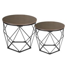 2er Set Beistelltisch Holz, Couchtisch Wohnzimmertisch Korbtisch Metalltisch