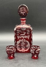 Antike Karaffe Glaskaraffe Bleikristall Mit 2x Gläser rubinrot Überfang #KA231