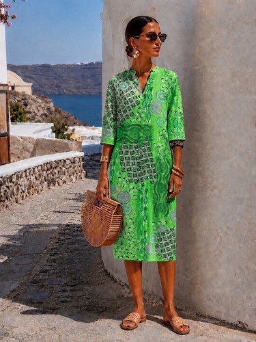 Boho damen kleid grün print - damen,