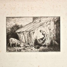 Charles Émile Jacque Frauenporträt Bäuerin Schule Barbizon Orig Radierung 19 Jh
