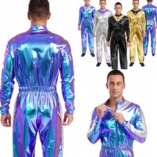 DE Herren Glänzend Astronaut Kostüm Overall Jumpsuit Lang Raumanzug Halloween