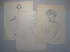 Weibliche Körperstudien Frauen Körperhaltung - 3 Zeichnungen Bleistift - 1955