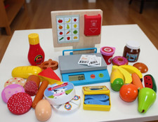 Kinder Holz Waage mit Display Kaufladen Lebensmittel Gemüse Kaufmannsladen Spiel