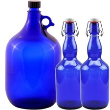 3er Set Blaue Glasflaschen 1 x  5 Liter / 2x  0,75 Liter Wasserflaschen-Set