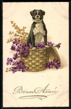 Ansichtskarte Hund in einem Spankorb voller Blumen, Neujahrsgruß 