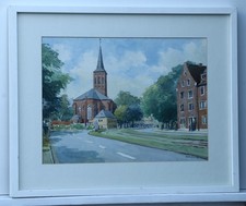 fStadtansicht mit Kirche– Aquarell – signiert, hinter Glas gerahmt, Düsseldorf ?