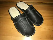 Herren Leder Pantoffeln schwarz mit Schafwolle gefüttert Hausschuhe