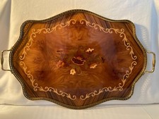 Tablett riesig Ballusterrand aus Messing & tolle Intarsienarbeiten mit 2 Griffen