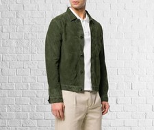 Herren Slim Fit Dunkelgrüne Wildleder Lederjacke Mit Knöpfen Freizeitkleidung