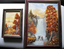 zwei Bernsteinbilder Miniatur Birke Wasserfall Herbst Abendstimmung neuwertig