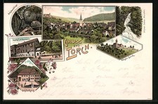 Lithographie Lorch, Totalansicht mit Kloster und Schillerhaus 1897 