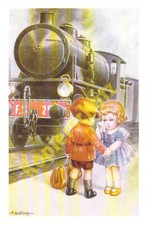 Eisenbahn AK Scherz Grußkarte Dampflok Abschied Bahnhof Kinder Litho Repro 