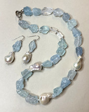 Set Kette Ohrringe Aquamarin Rohstein mit echten Barockperlen 