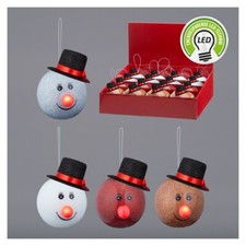 4 x LED Weihnachtskugel Schneemann Ø 7 cm Christbaumkugel blinkende rote Nase