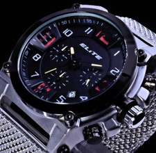 Elite Herren Armband Mesh Uhr Chronograph Datum Schwarz rot Gelb Silber Farben