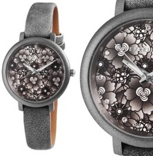 Damenuhr Armbanduhr Grau Anthrazit Blumenmuster Kunstlederarmband von Excellanc