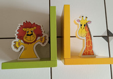 Buchstützen Kinder, aus Holz 2 Stück gelb Grün Tiermotive Buchhalter Aufsteller