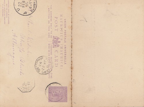 Mauritius 1895 post card to - mauritius:,