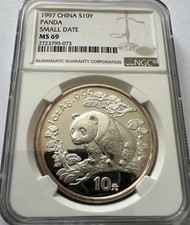 1997 China 10 Yuan Panda 1 OZ  999 Silber Small Date NGC MS69 Toning 