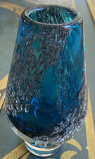 RAR Gral Glas Vase BLUE MidCenturyDesign silbrige Bubbles Einschmelzungen 19 cm