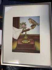 Farbradierung „Boten“ – Vogel auf historischem Telefon, signiert, 67/125