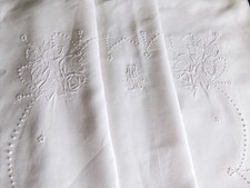 ANTIK LEINEN PARADEKISSEN 98X80cm WEISS STICKEREI MONOGRAMM SHABBY CHIC