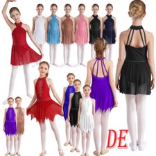 DE Mädchen Ballettkleid Neckholder Tanzkleid Gymnastik Trikot Mesh Rock Kleid DE