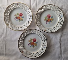 3 x Schumann Teller / Durchbruchteller Blumen mit Goldrand ⌀ ca 17 cm Porzellan