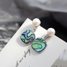 N06 Ohrringe Quadrat mit Abalone Muschel Süßwasser-Perle Sterling Silber 925