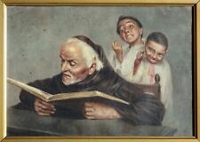 GEMÄLDE RAFFAELE FRIGERIO BIBELSTUNDE MÖNCH UND SCHÜLER ITALIEN GOLDRAHMEN 1920