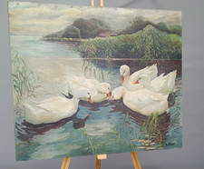 Gemälde Öl auf Platte signiert K. Pöllot Schwäne Seelandschaft