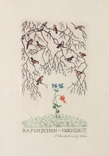 Carl Ruckdeschel (1894 - 1926), Orig. Radierung. Hochzeit. Vögel. Jugendstil.