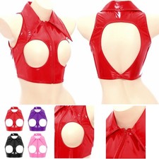 DE Lack Leder Crop Top Damen Ärmellos Offene Brust Glanz Weste Tank Top Clubwear