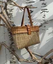 Designer Raffia Bast Tasche Tote Bag Kroko Leder Aqua Treibgut