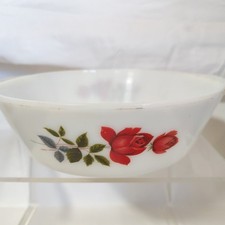 JAJ Schale Schüssel 8,5" Milch Schmelzglas Pyrex Vintage Retro Rot Rose Blume Design