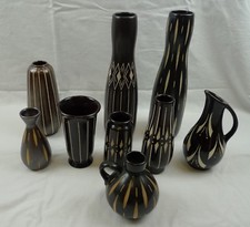 9 Vasen Studio Keramik Piesche & Reif DDR Ritzdekor midcentury german pottery