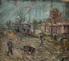 Ölbild Mimi Usinger Hamburg Baustelle und Schiffe im Dock Hafen 50 x 55 cm