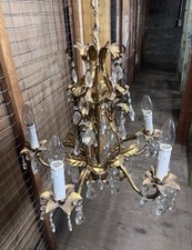 Antiker Französischer Kronleuchter Messing Kristall Prunkvoll Gold 5-flammig