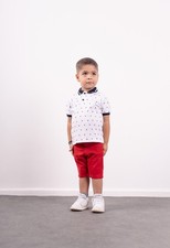NEU Sommer 3tlg Set für Jungen – Poloshirt, rote Shorts & Trägerhose Größe 6-24M